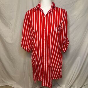 Lauren Ralph Lauren Red Pin Stripe Half Sleeve Button Down Shirt Womens Top NWOT